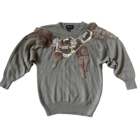 Vintage 80s Angenie Sequin & Fur Sweater | Statement Glam, Womens M, EUC, RARE - Picture 2 of 9